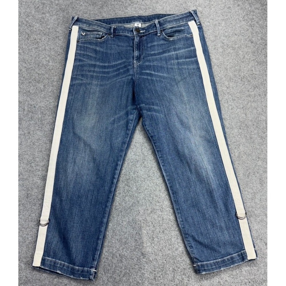 True Religion Starr Cropped Straight Jeans 36x24 Blue White Stripe Relaxed Fit
